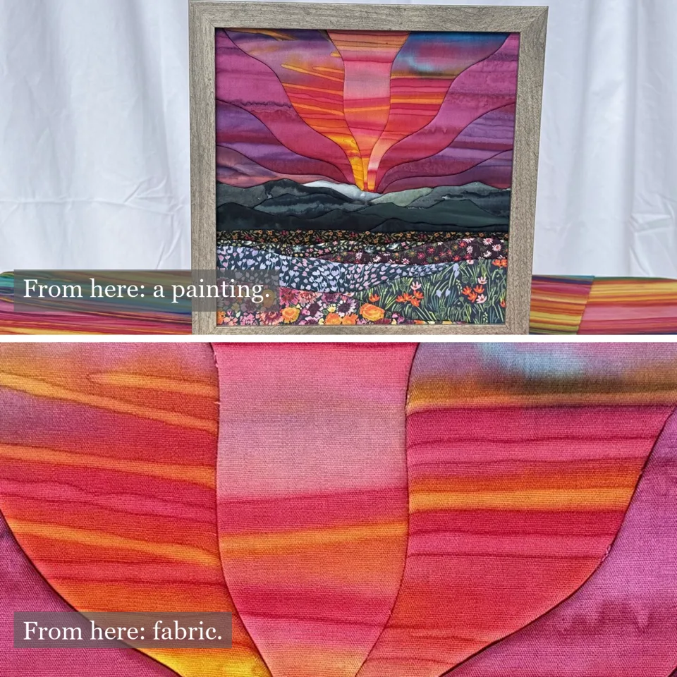 Side by side comparison showing the same kinusaiga landscape at a distance, where it reads as a painting, and up close, where the quilted fabric surface is visible