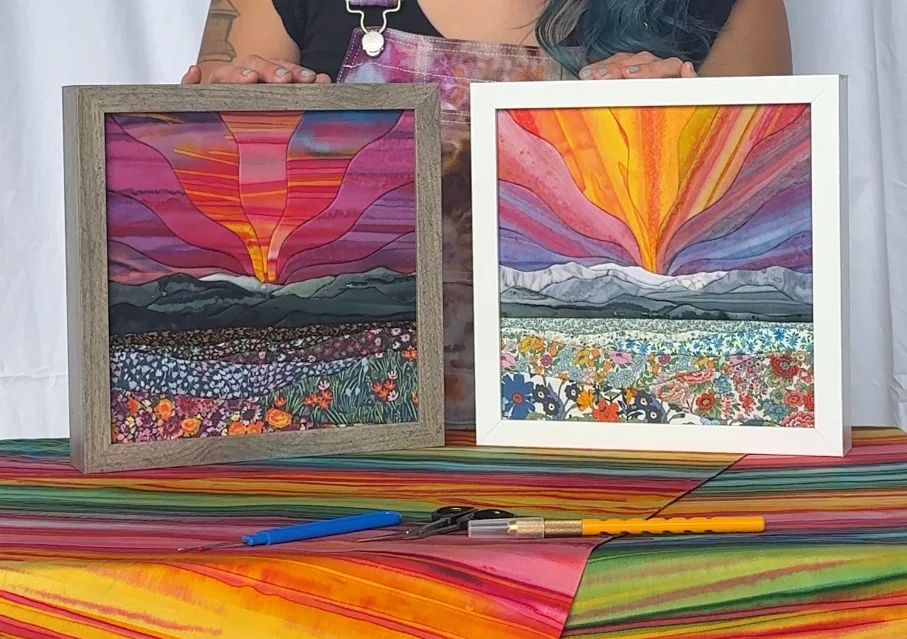 Two kinusaiga landscapes built from the same template, one in deep berry and dusky floral fabrics, the other in bright sunrise golds